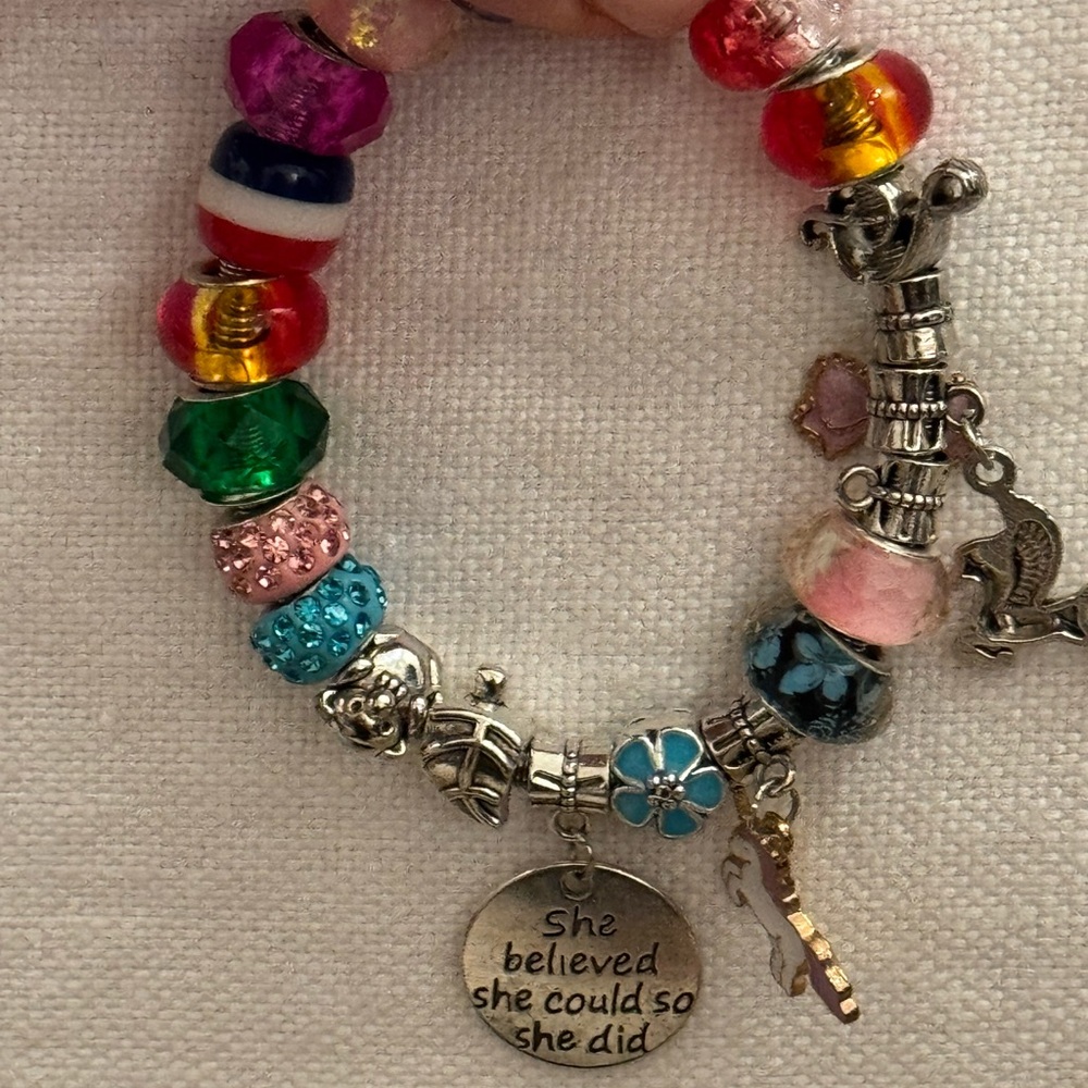 Pandora Colorful Charm Bracelet with Inspirational Quotes and charm variety